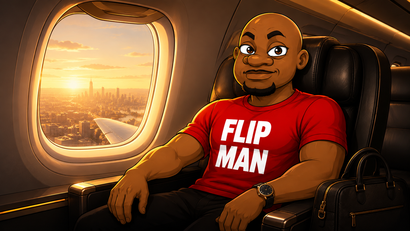 Flip Man on a plane ready to travel for private real estate coaching